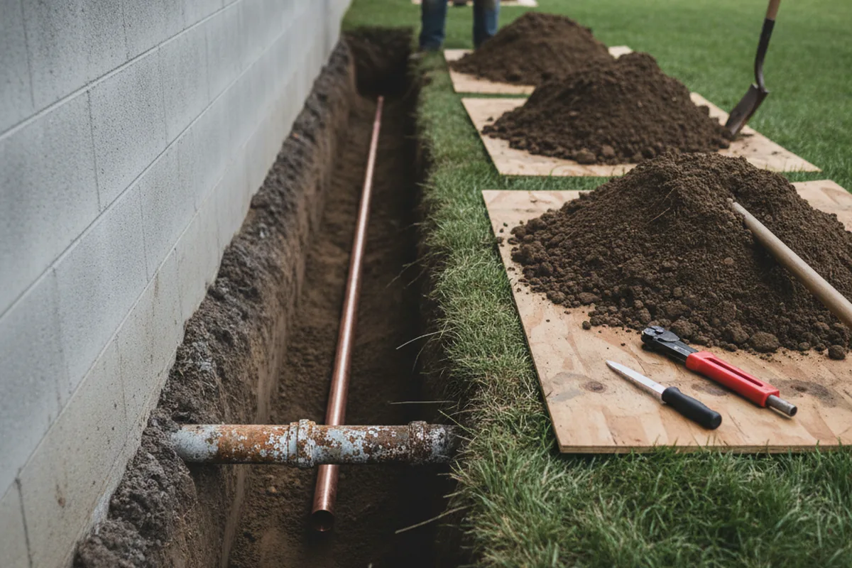 Excavated water line trench during Water Heater Repair in Horse Shoe
